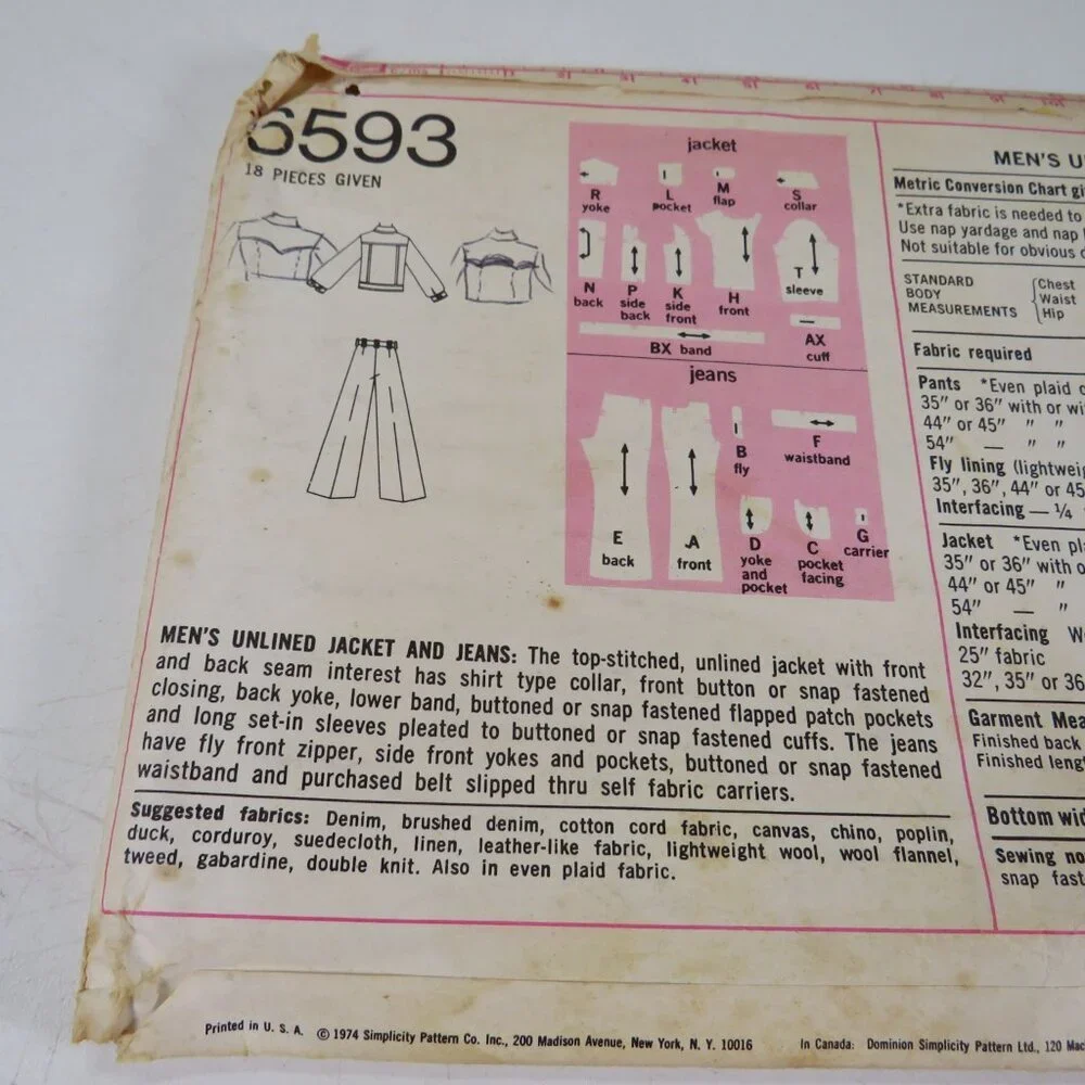 Simplicity 6593 clothing pattern size 40 Jacket, Jeans -wide leg/bell bottoms